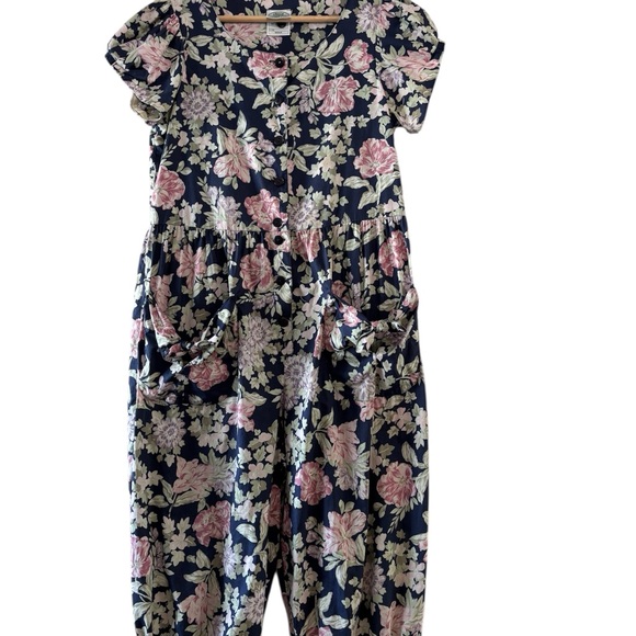 Vintage 90s Laura Ashley Floral Cotton Jumpsuit Pockets Made in Ireland Medium - Picture 2 of 10